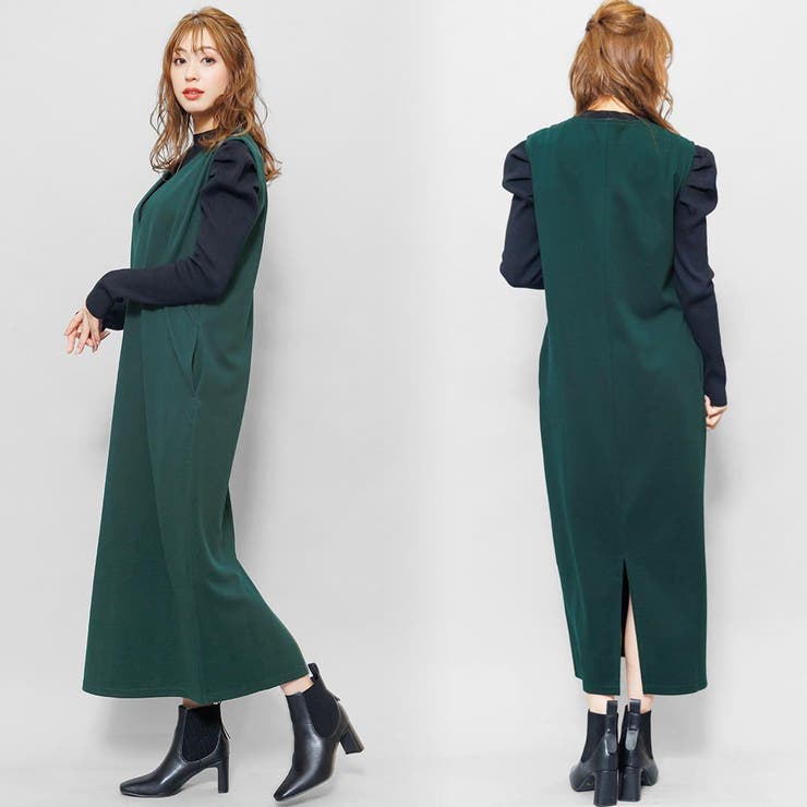 ストレッチフェイクウールVネックロングワンピース バック