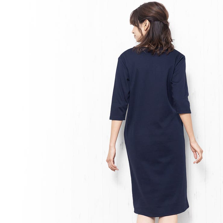 ネイビー Vネック 七分袖 ワンピース　新品 Vネック ワンピース 7分袖[品番：MADW0003703]｜mili an deni