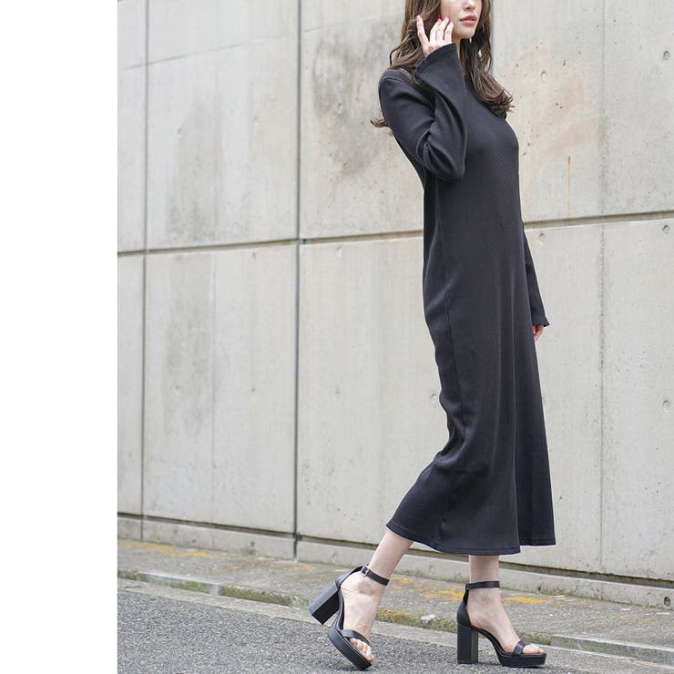 クルーネックリブワンピース ロング ワンピース[品番