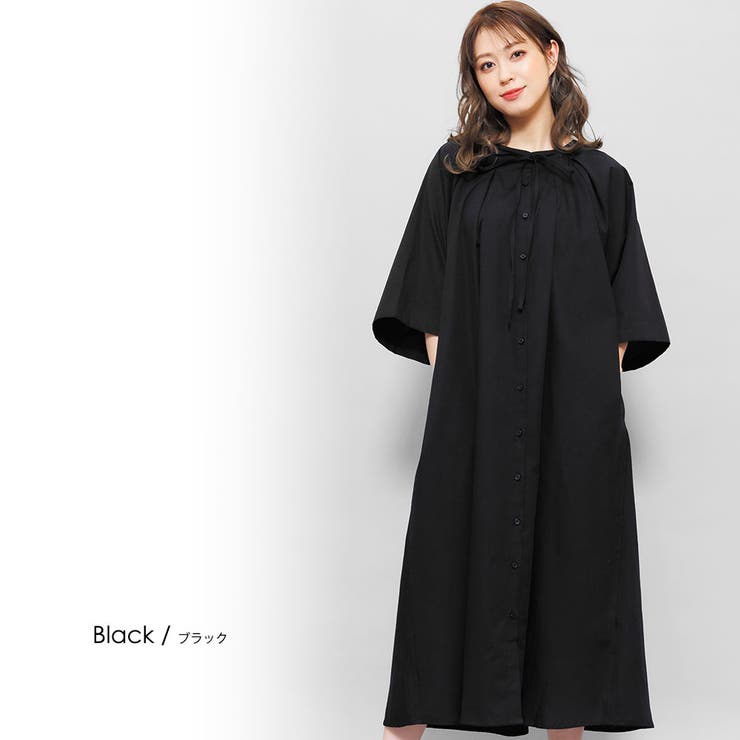 リボンタックシャツワンピース フレア 5分袖[品番：MADW0004056