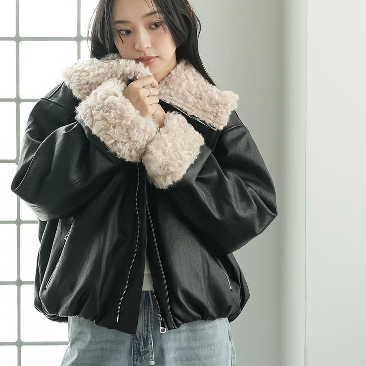 襟ファーフェイクレザーダウンジャケット 合成皮革 袖ファー | mili an deni | 詳細画像16 