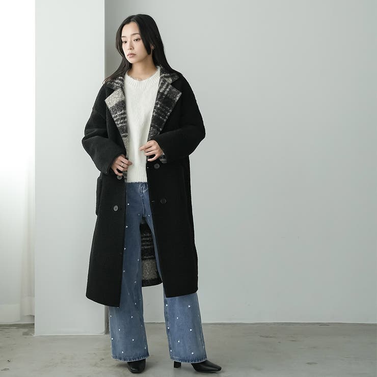 リバーシブルチェックボアコート ボアジャケット ファージャケット | mili an deni | 詳細画像12 