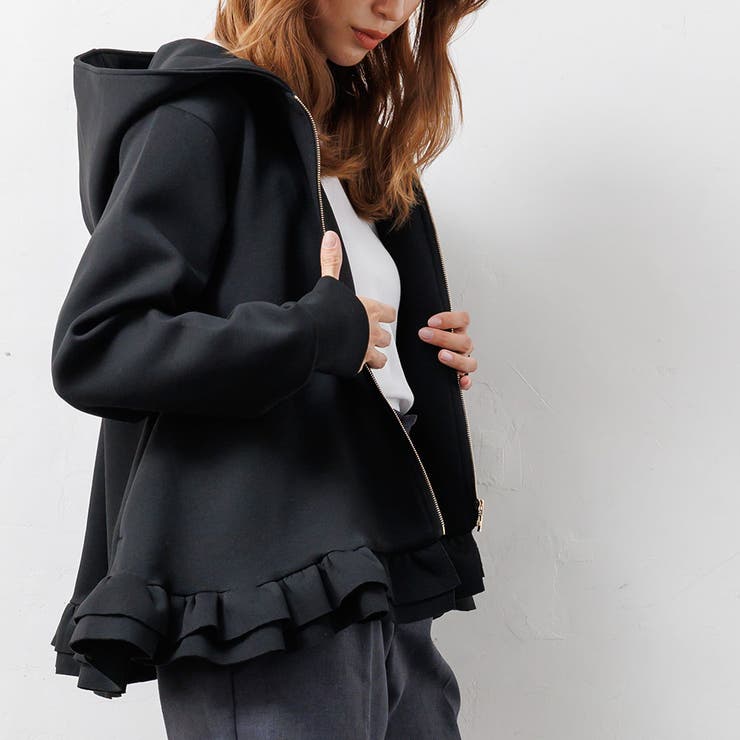 美品♡M'S GRACY ダブルジップパーカー ネイビー フリル size40 スクーバ裾フリルパーカー レディース 前開きジップパーカー