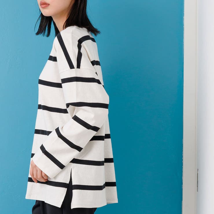 ワイドボーダー長袖Tシャツ ロンＴ ミドル丈 | mili an deni | 詳細画像19 