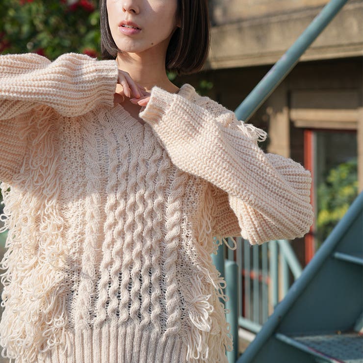 Vネックフリンジニットプルオーバー ケーブル編み Vネック | mili an deni | 詳細画像8 