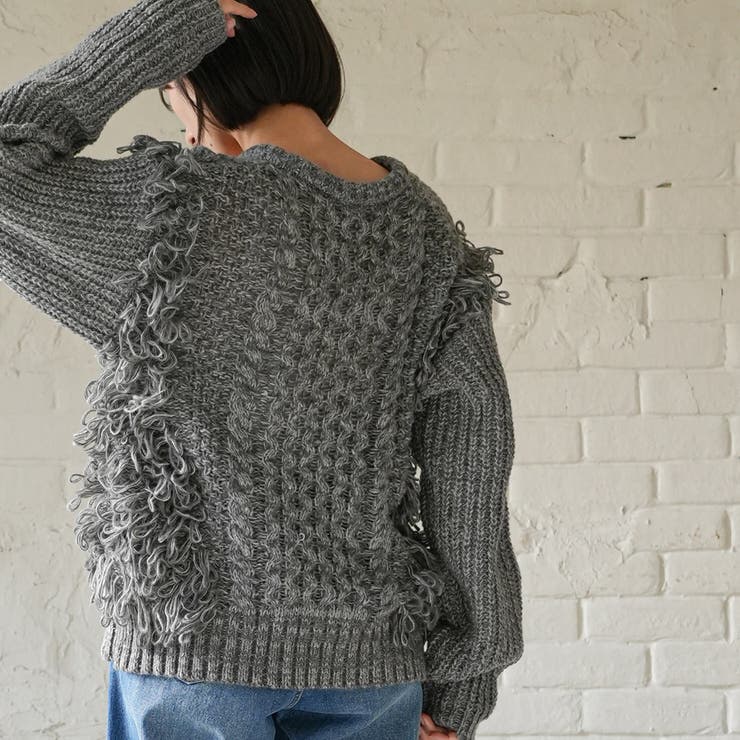 Vネックフリンジニットプルオーバー ケーブル編み Vネック | mili an deni | 詳細画像14 