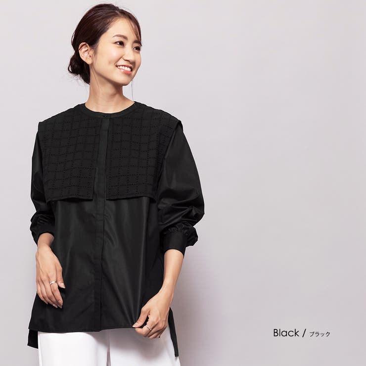 ブラック | レースセーラーカラーブラウス サイドスリット 長袖 | mili an deni