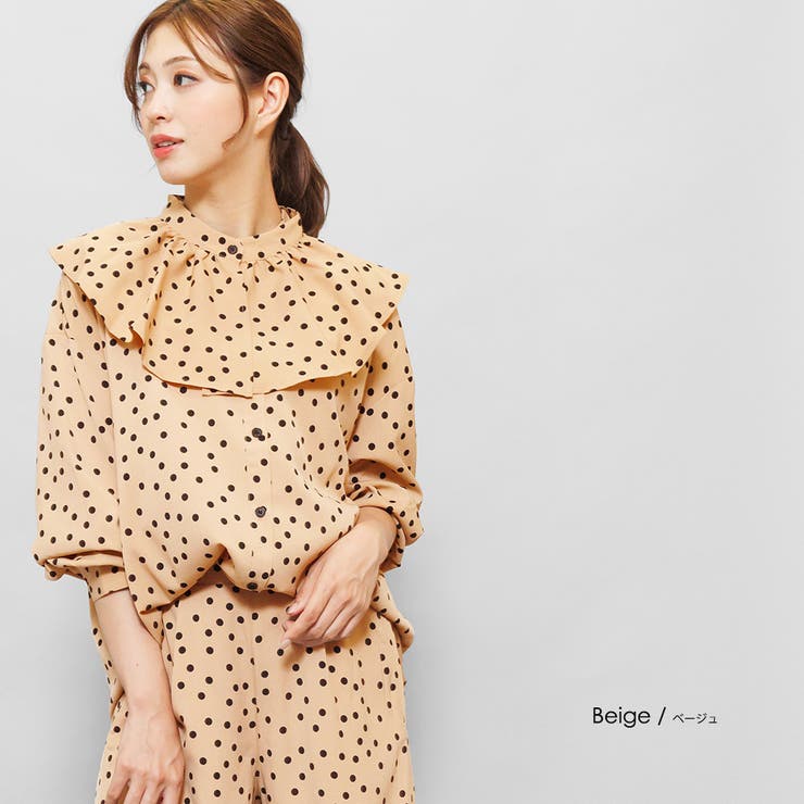 ベージュ | 取り外しラッフル襟バンドカラードットシャツ 長袖 M | mili an deni
