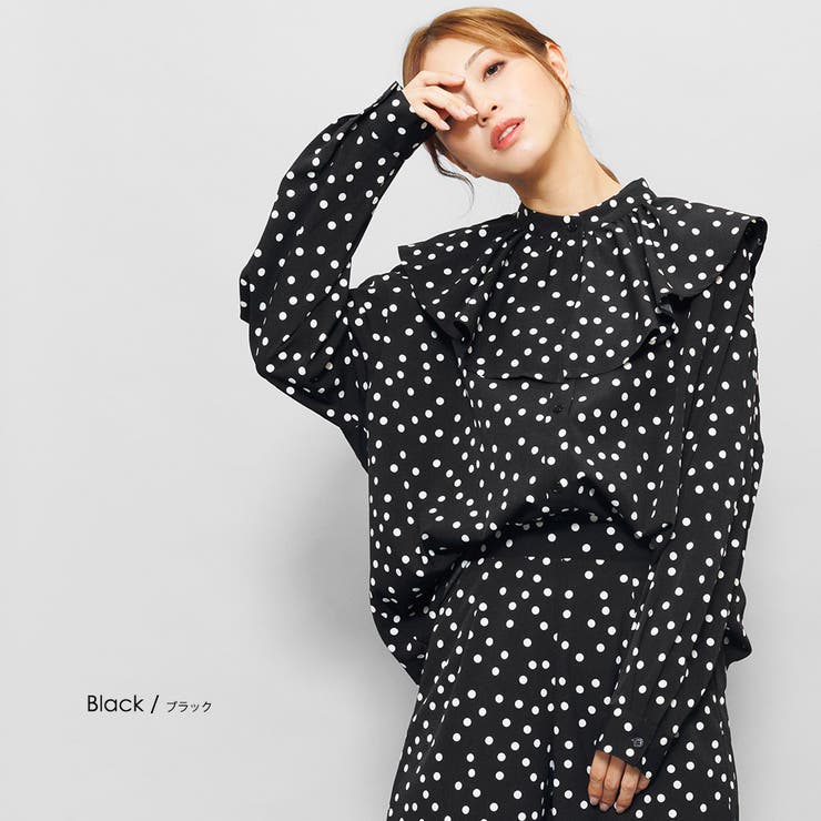 ブラック | 取り外しラッフル襟バンドカラードットシャツ 長袖 M | mili an deni