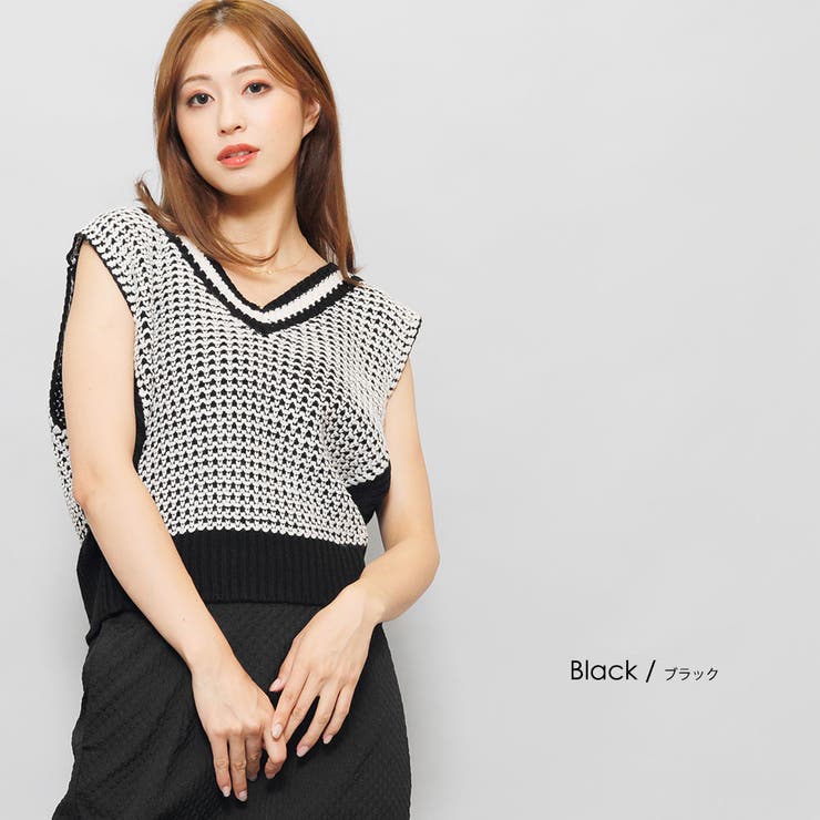 ブラック | バイカラージャガードニットベスト チルデンニット Vネック | mili an deni
