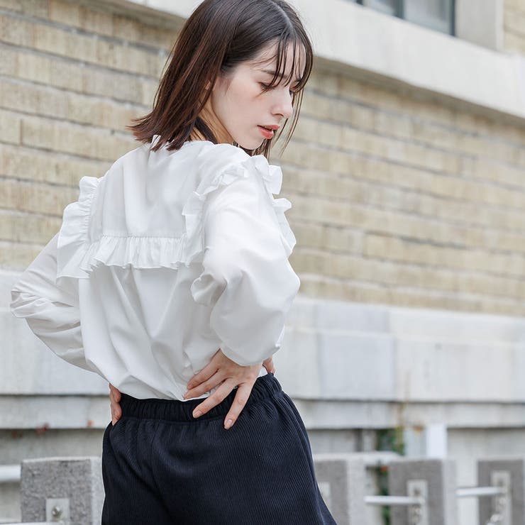 エステルブロードフリル切替ブラウス 秋 シャツ[品番：MADW0004239