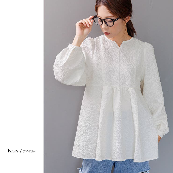エンボス加工ペプラムブラウス 長袖 M[品番：MADW0004218]｜mili an