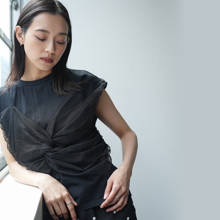 チュールリボンドッキングTシャツ ツイストリボン クルーネック | mili an deni | 詳細画像7 