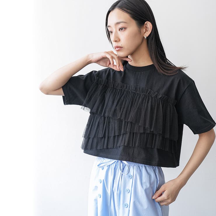 フリルチュールドッキングTシャツ クルーネック 3段フリル | mili an deni | 詳細画像15 