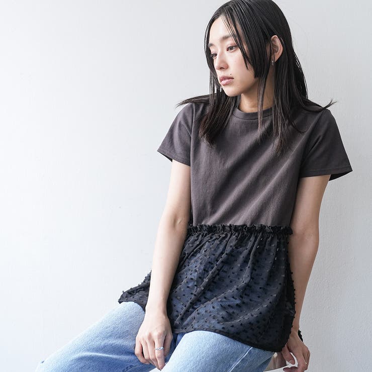 異素材ペプラムTシャツ ドットドビー クルーネック | mili an deni | 詳細画像12 