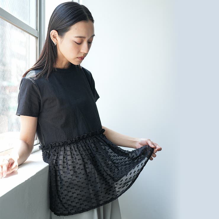 異素材ペプラムTシャツ ドットドビー クルーネック | mili an deni | 詳細画像15 