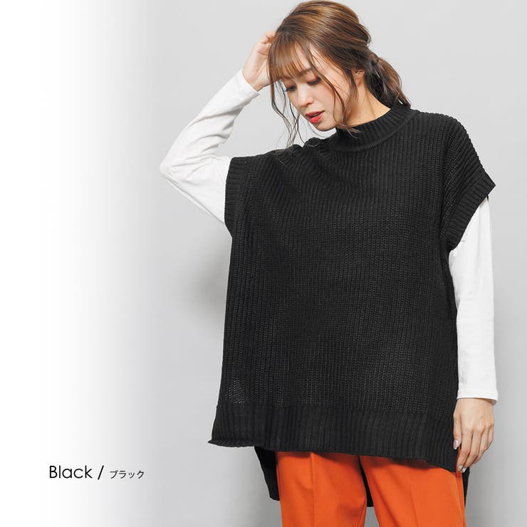ブラック | ミドル丈ハイネックニットベスト サイドスリット フレンチスリーブ | mili an deni
