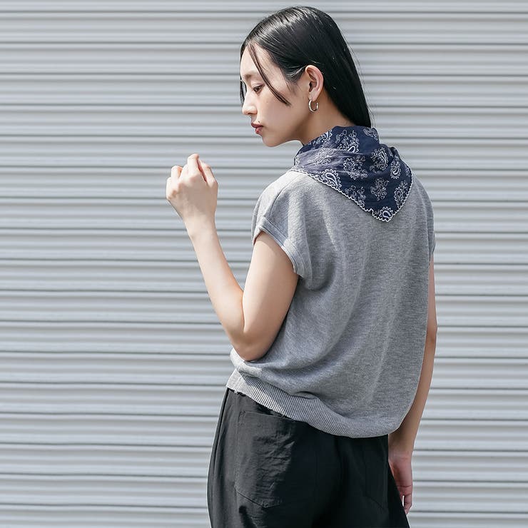 バンダナスカーフ付き半袖ニットトップス クルーネック シアートップス | mili an deni | 詳細画像12 