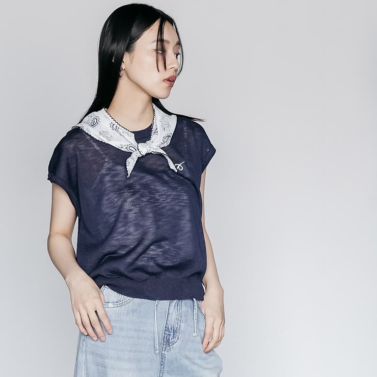 バンダナスカーフ付き半袖ニットトップス クルーネック シアートップス | mili an deni | 詳細画像18 