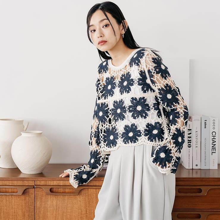 クロシェ花柄プルオーバートップス かぎ針 クルーネック | mili an deni | 詳細画像16 