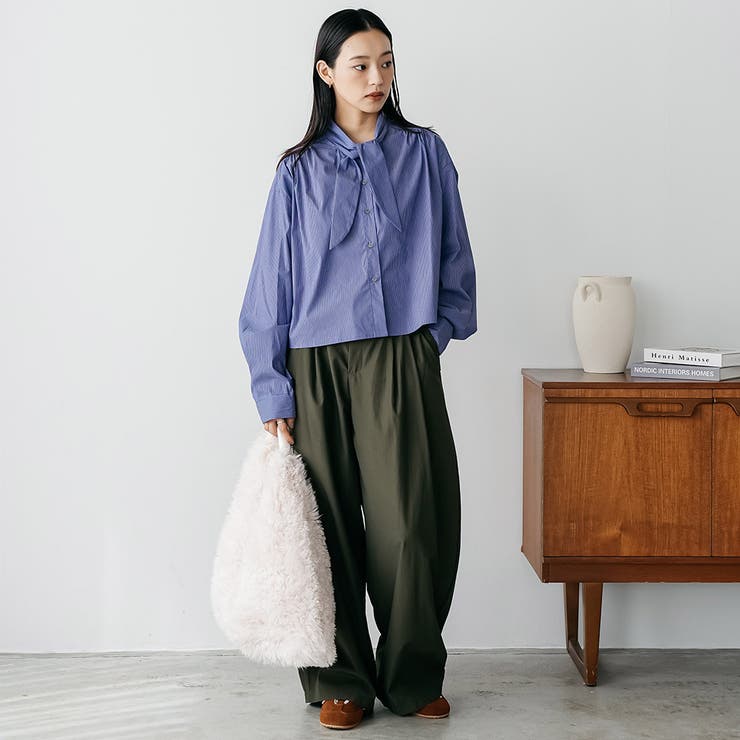 タイ付きストライプギャザーブラウス コットン ボウタイ付き | mili an deni | 詳細画像17 