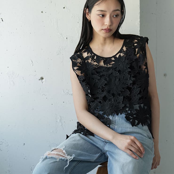 アシンメトリーフラワーレースベスト レディース 花柄レース | mili an deni | 詳細画像17 
