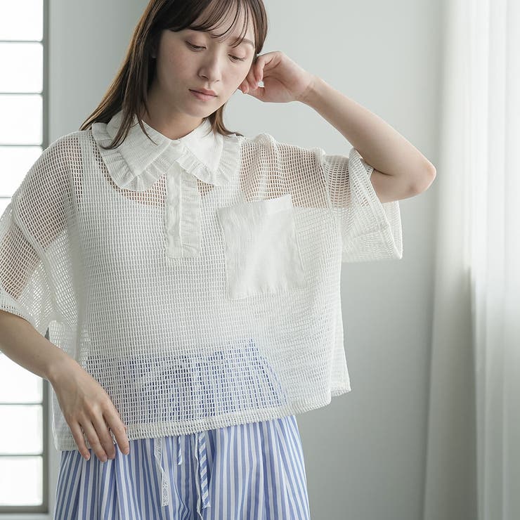 襟フリルメッシュポロプルオーバー レディース 半袖 | mili an deni | 詳細画像6 