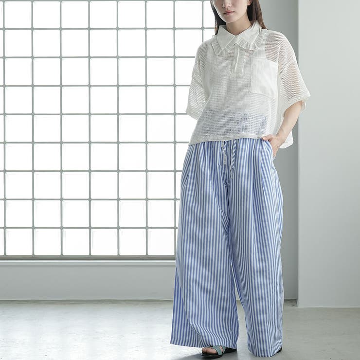 襟フリルメッシュポロプルオーバー レディース 半袖 | mili an deni | 詳細画像9 