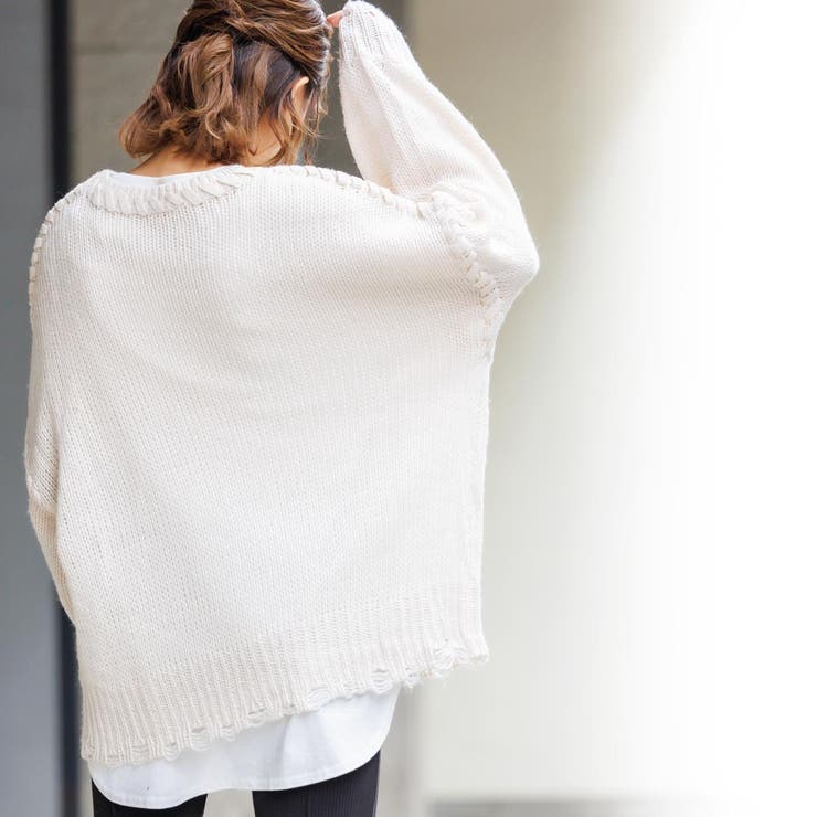 ダメージ加工ハンドステッチニットセーター ドロップショルダー 長袖 | mili an deni | 詳細画像10 