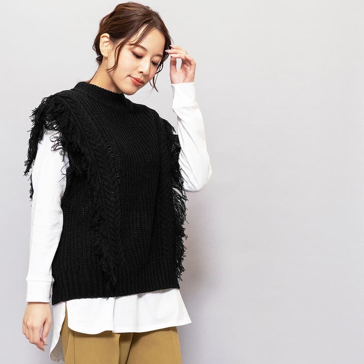 フリンジニットベスト ケーブル編み クルーネック | mili an deni | 詳細画像9 