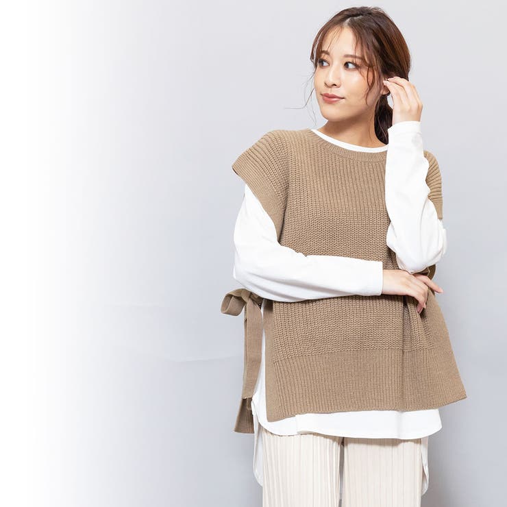 畦編みサイドリボンニットベスト クルーネック 無地[品番