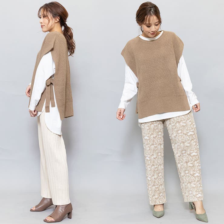 畦編みサイドリボンニットベスト クルーネック 無地[品番