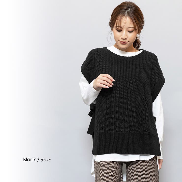 畦編みサイドリボンニットベスト クルーネック 無地[品番