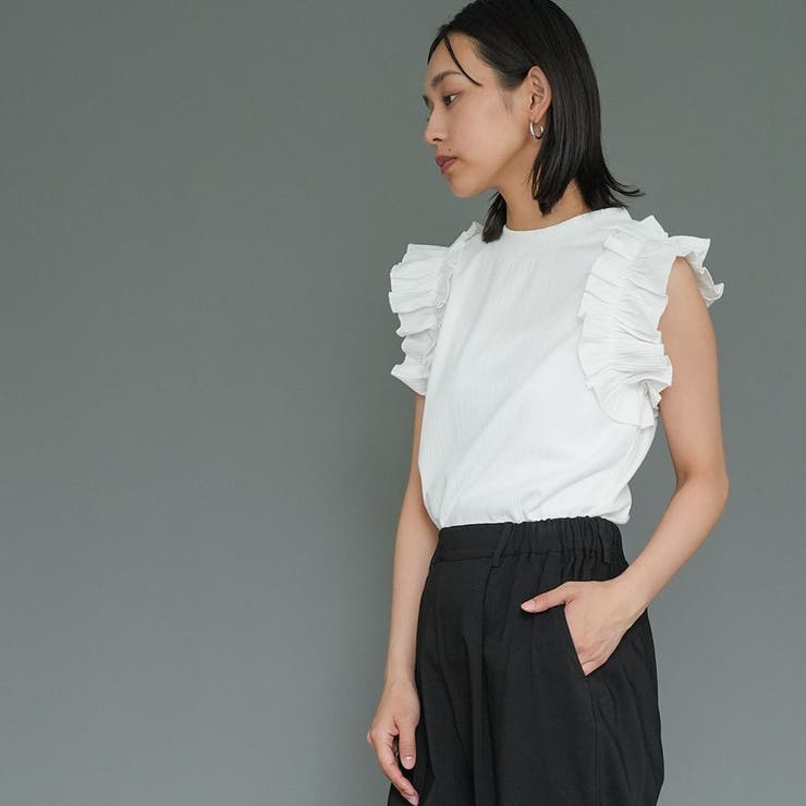 フリルスリーブリブタンクトップ トタンテレコリブ スタンドネック | mili an deni | 詳細画像6 