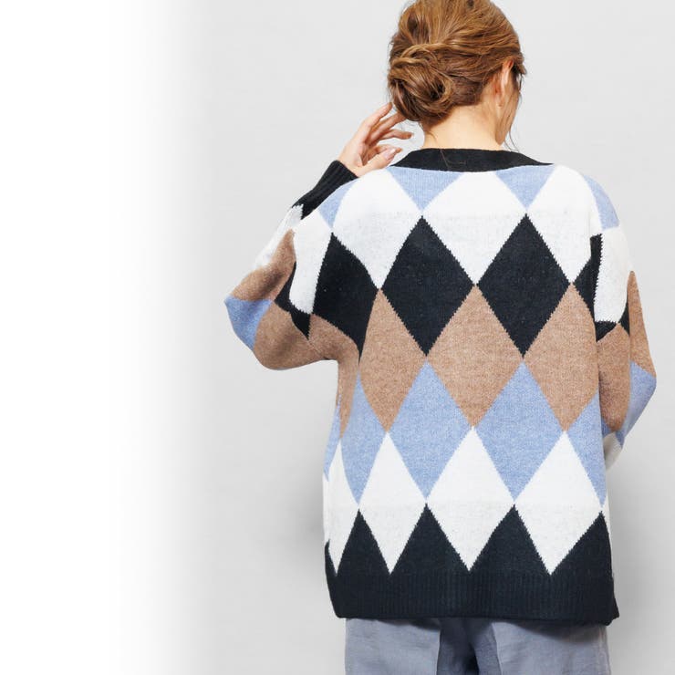 マルチアーガイルオーバーカーディガン Vネック ドロップショルダー | mili an deni | 詳細画像7 