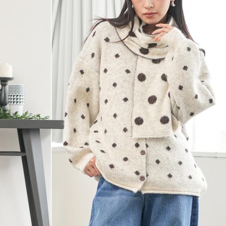 マフラー付きドットニットカーディガン トップス ニット素材 | mili an deni | 詳細画像8 