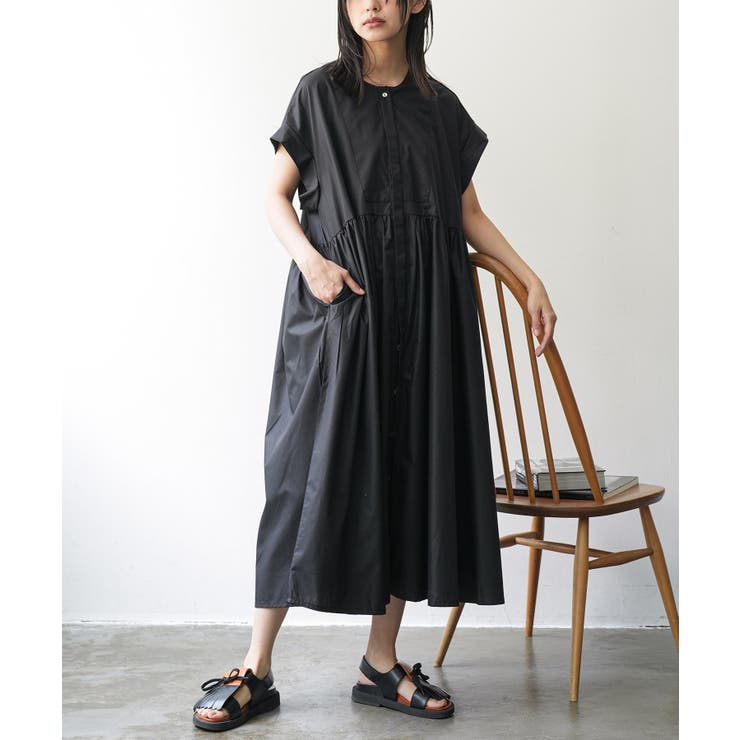 ブラック | 半袖前開きワンピース ノーカラー 比翼 | mili an deni