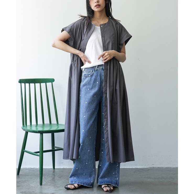 チャコール | 半袖前開きワンピース ノーカラー 比翼 | mili an deni