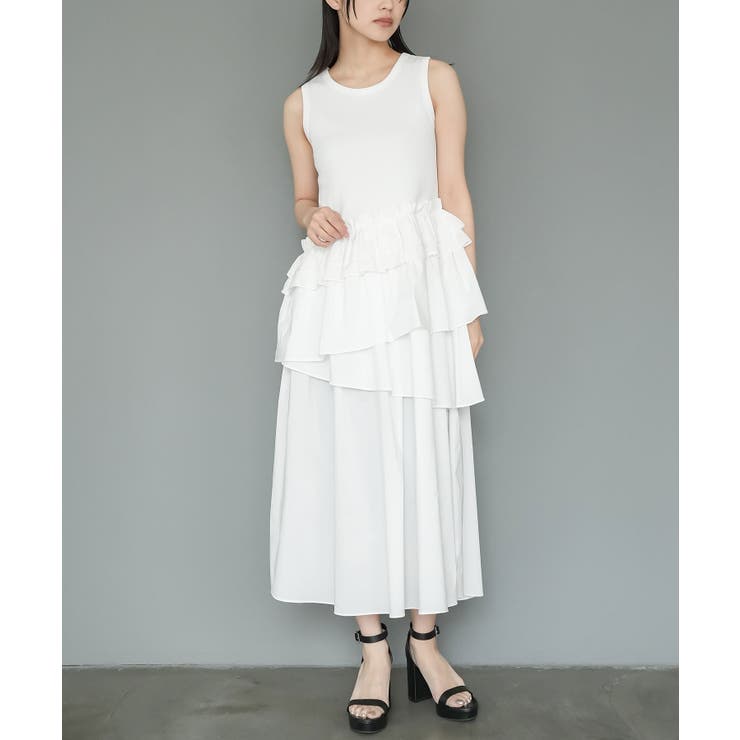 オフホワイト | ノースリフリルワンピース ななめフリル ノースリーブ | mili an deni