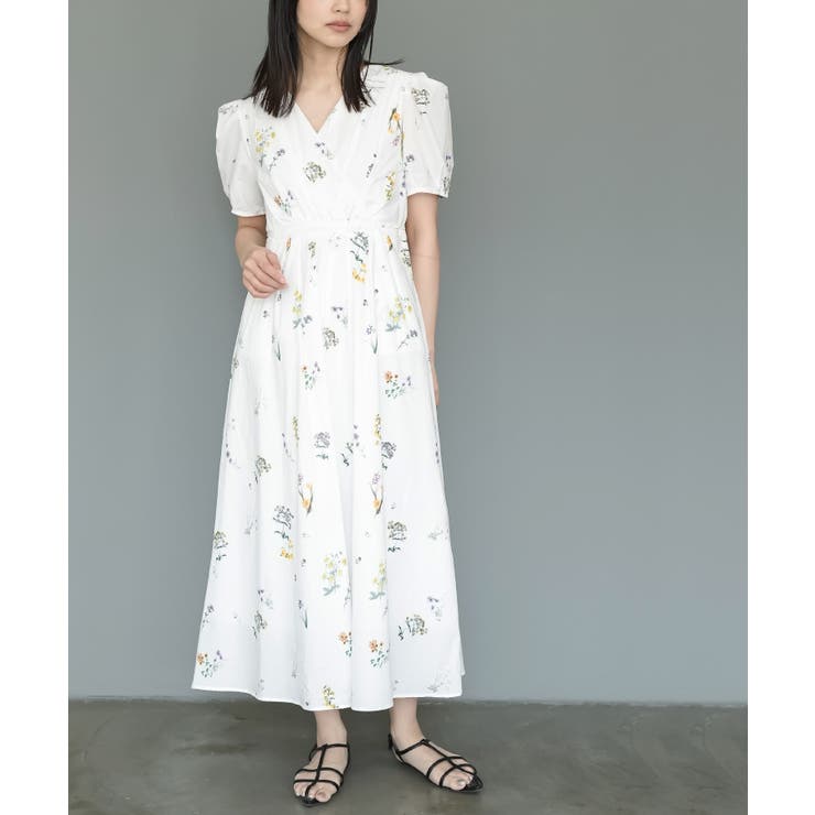 オフホワイト | 花柄カシュクールワンピース パフスリーブ フレア | mili an deni