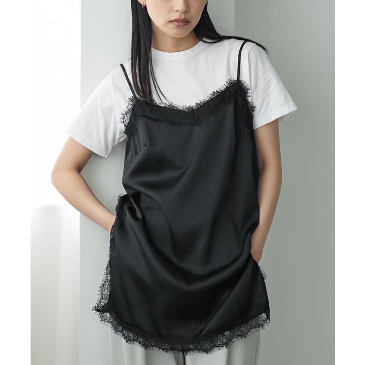 ブラック | 胸元レース サテン キャミワンピース | mili an deni