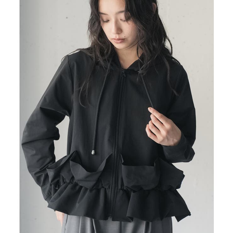 ブラック | 裾フリル ジップアップパーカー レディース | mili an deni