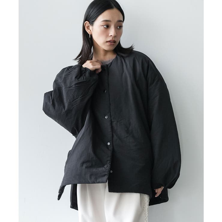 ブラック | サイドファスナーノーカラージャケット サイドスリット 長袖 | mili an deni