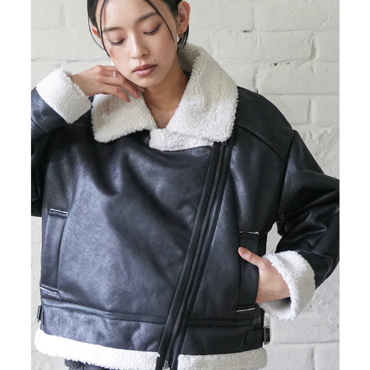 ブラック | ムートンダブルジャケット フェイクムートンジャケット フェイクレザー | mili an deni
