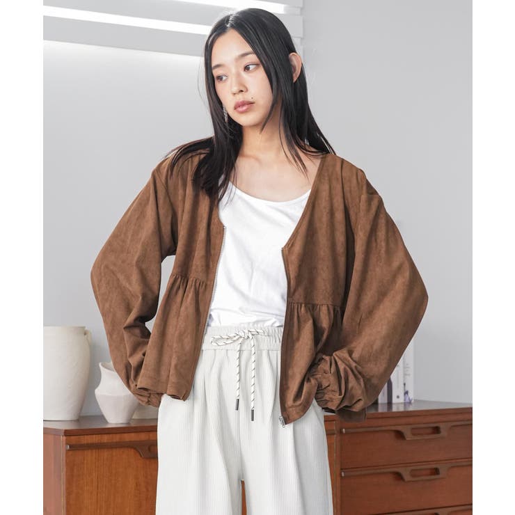 ブラウン | スウェードフロントジップペプラムブラウス Vネック ノーカラージップアップ | mili an deni