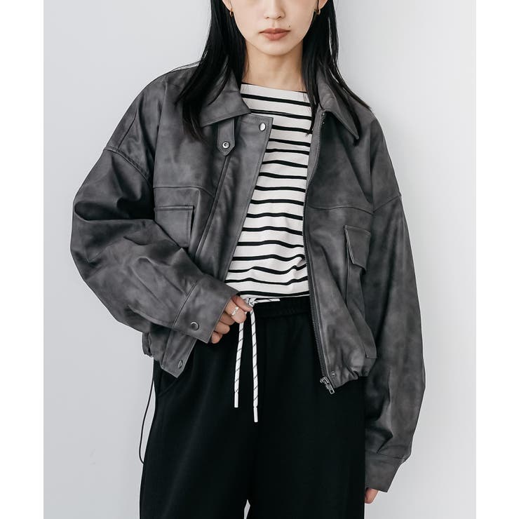 ブラック | 2WAYカラーフェイクレザーショートブルゾン 合成皮革 ジップアップ | mili an deni