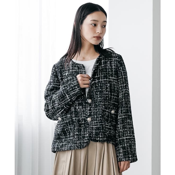 ブラック | ミックスツィードノーカラージャケット ノーカラー 柄入り | mili an deni