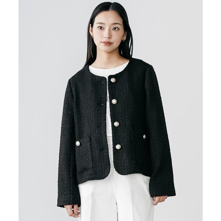 ブラック2 | ミックスツィードノーカラージャケット ノーカラー 柄入り | mili an deni