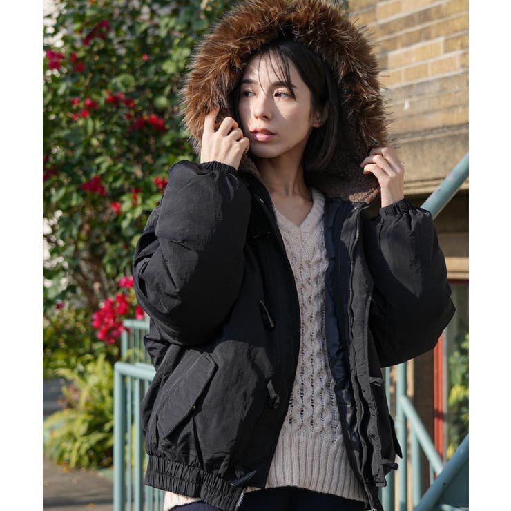 ブラック | 襟ファートグル中綿ジャケット 中綿ジャケット ケープフード | mili an deni