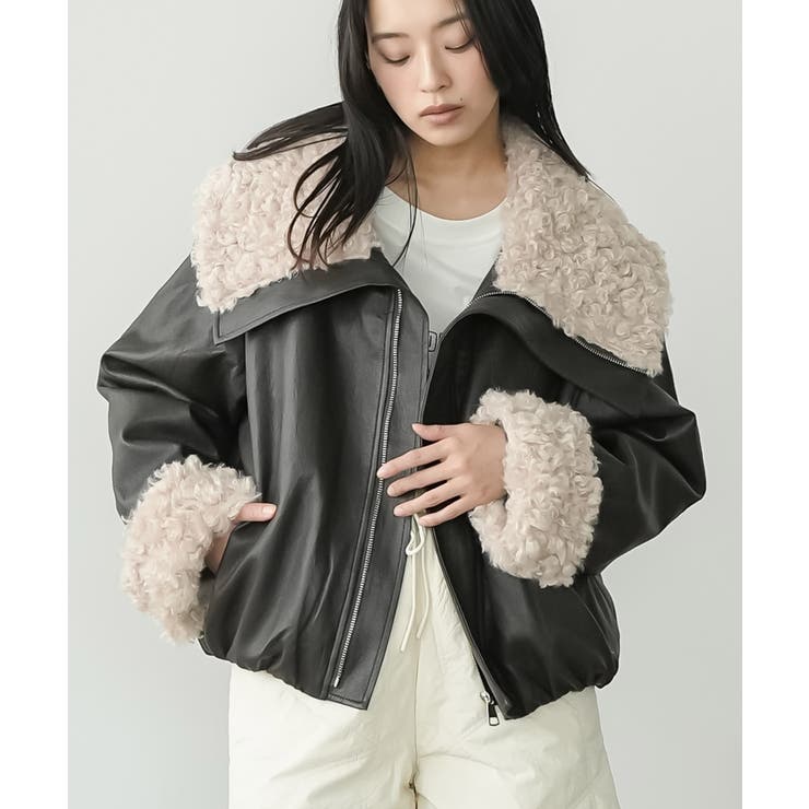 ブラウン | 襟ファーフェイクレザーダウンジャケット 合成皮革 袖ファー | mili an deni